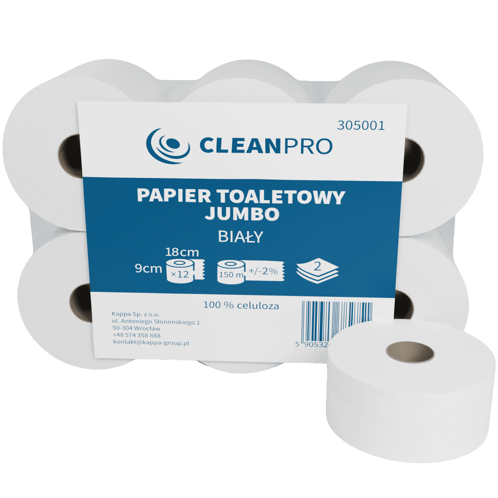 Papier toaletowy w roli Jumbo CleanPRO, 2w, celuloza, biały, 12x150m
