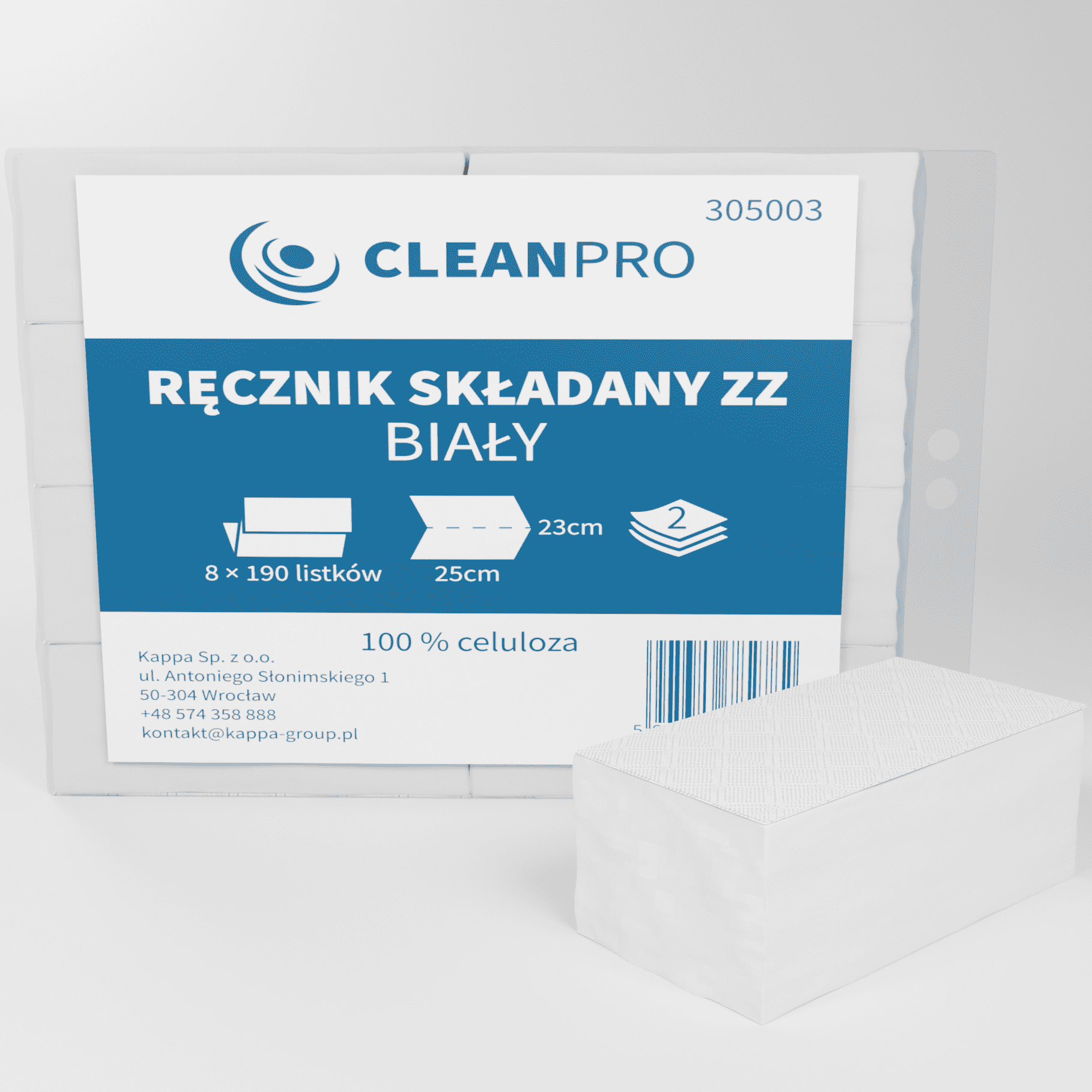 Ręcznik składany CleanPRO, 25x23cm, 2w, celuloza, biały, 8x190 listków