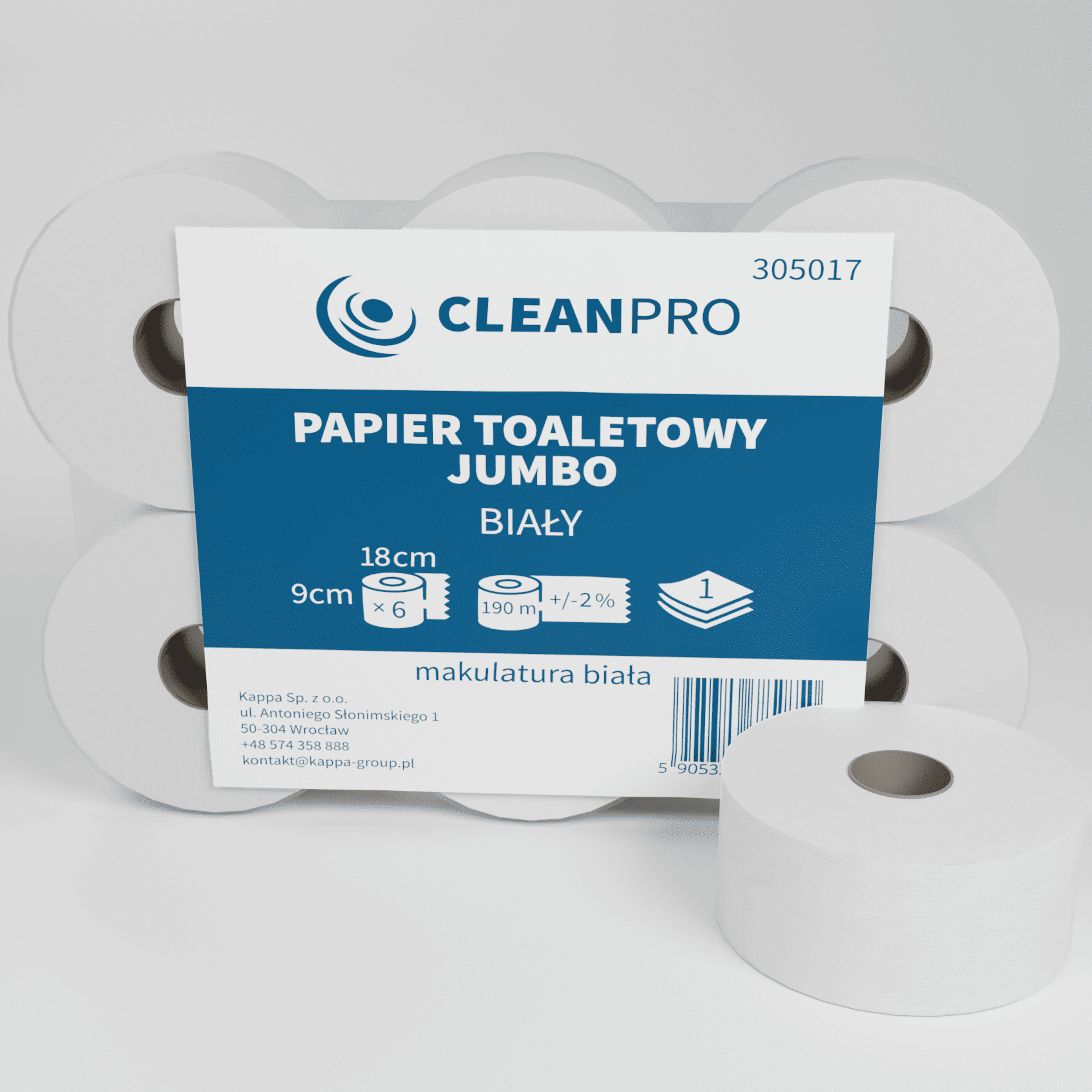 Papier toaletowy w roli Jumbo CleanPRO, 1w, makulatura, biały, 6x190m