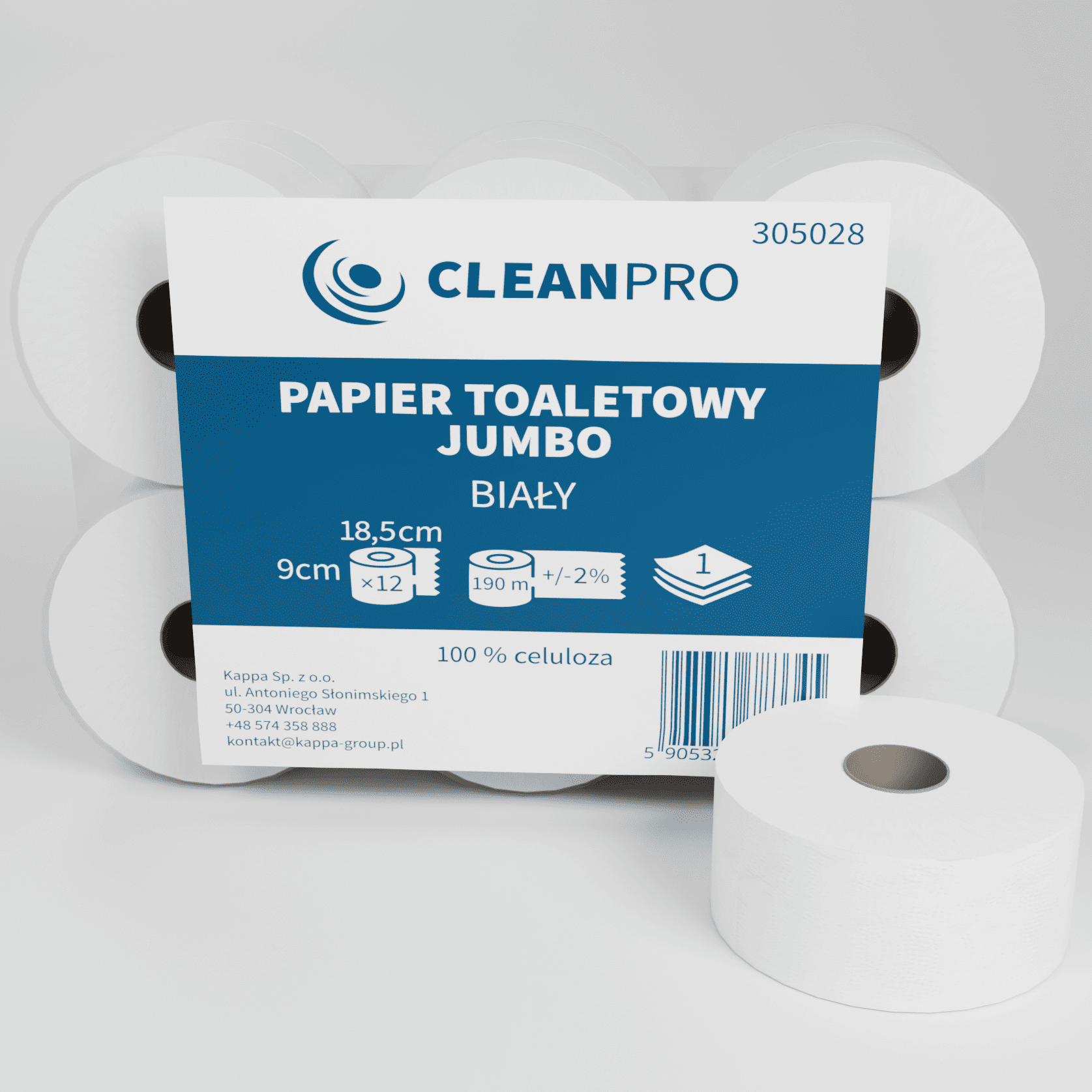 Papier toaletowy w roli Jumbo CleanPRO, 1w, celuloza, biały, 12x190m