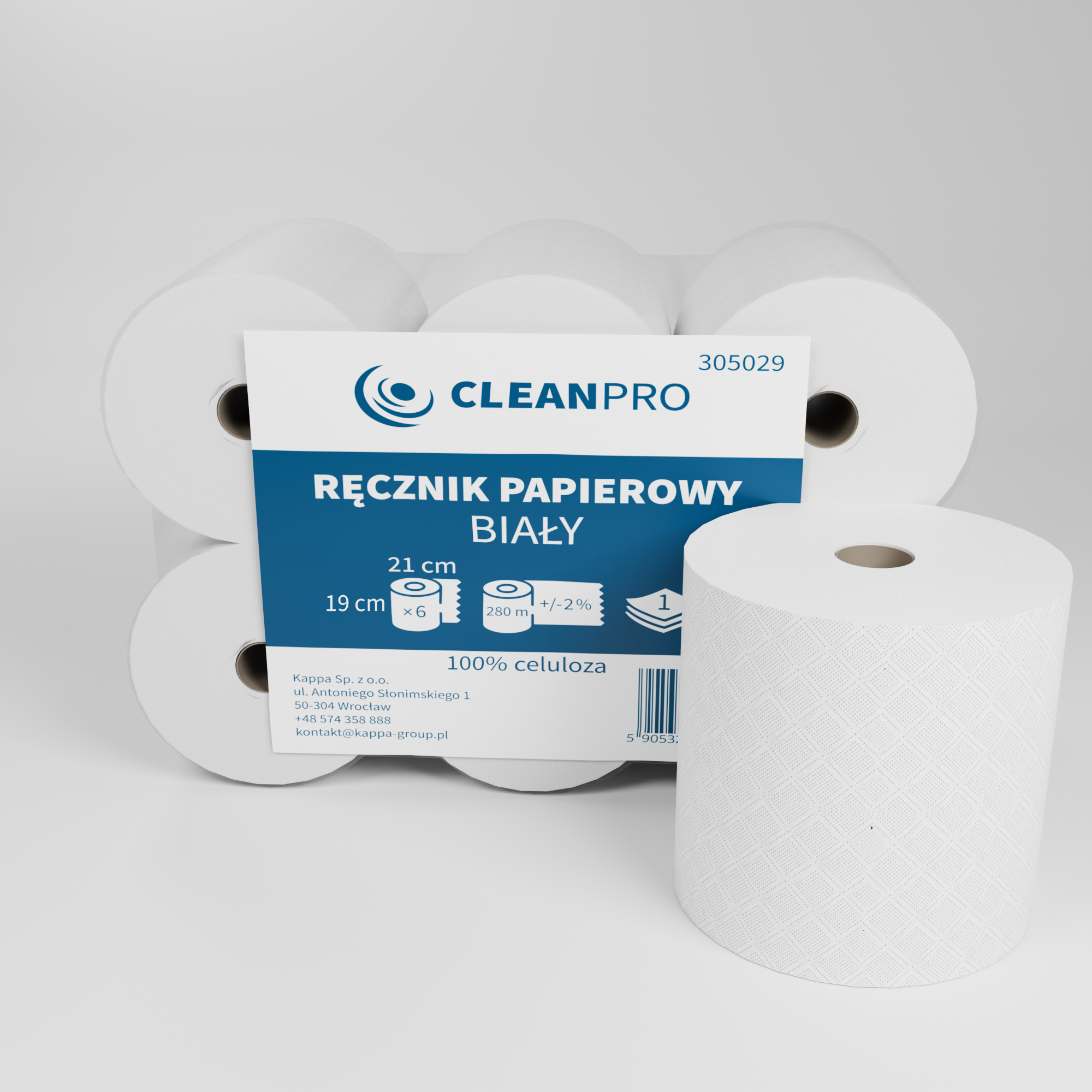 Ręcznik w roli CleanPRO, 1w, celuloza, biały, 6x280m