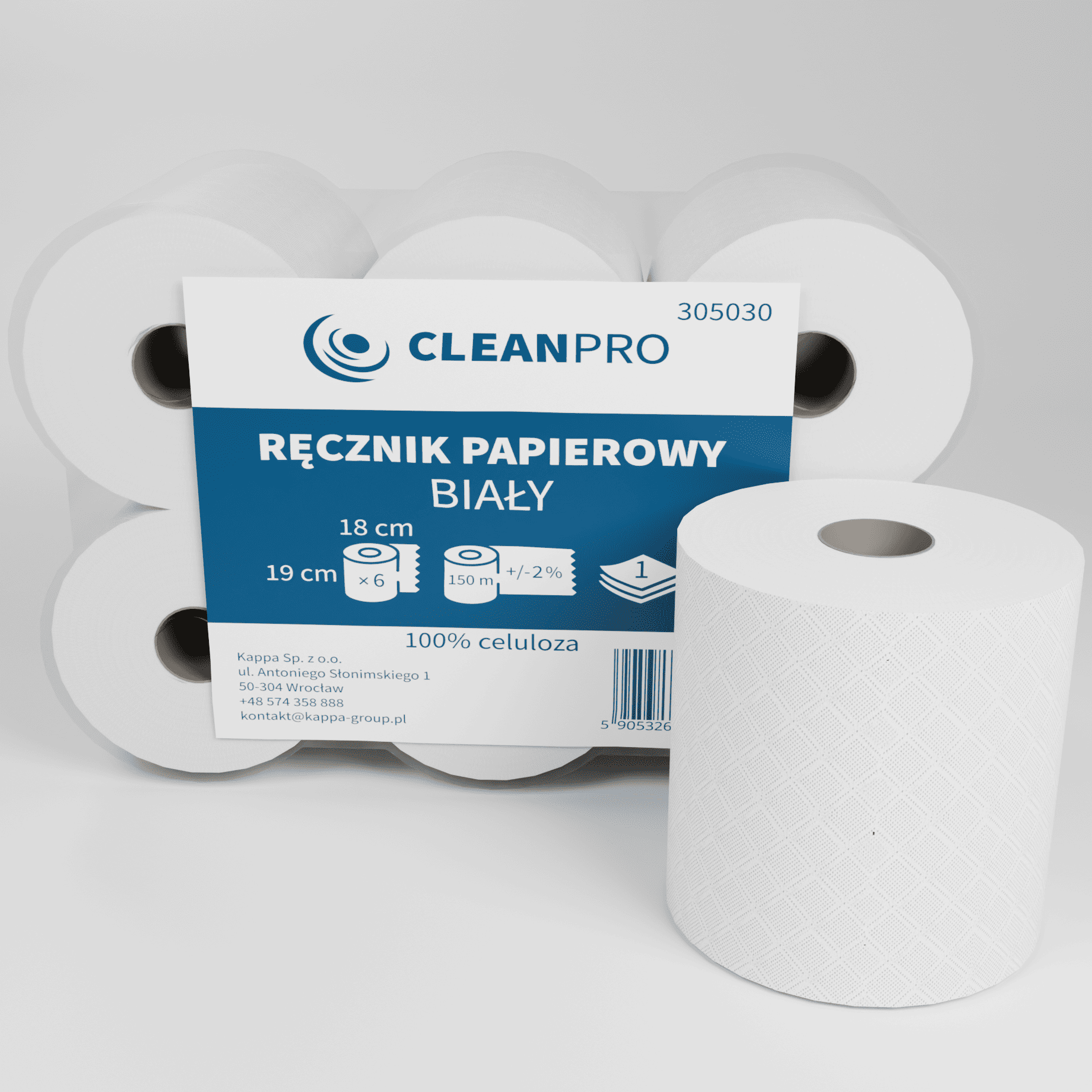 Ręcznik w roli CleanPRO, 1w, celuloza, biały, 6x150m
