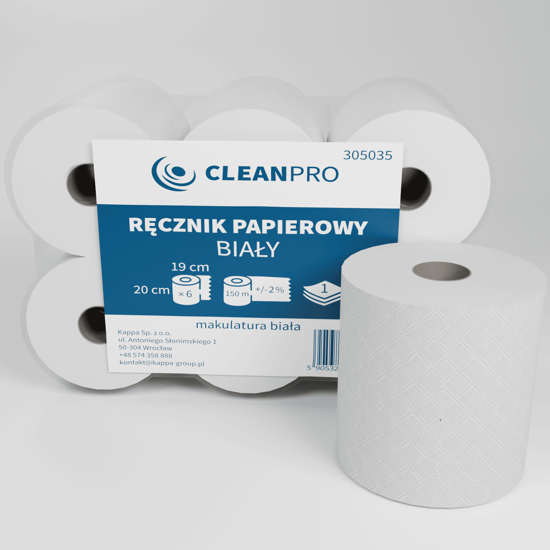 Ręcznik w roli CleanPRO, 1w, makulatura, biały, 6x150m