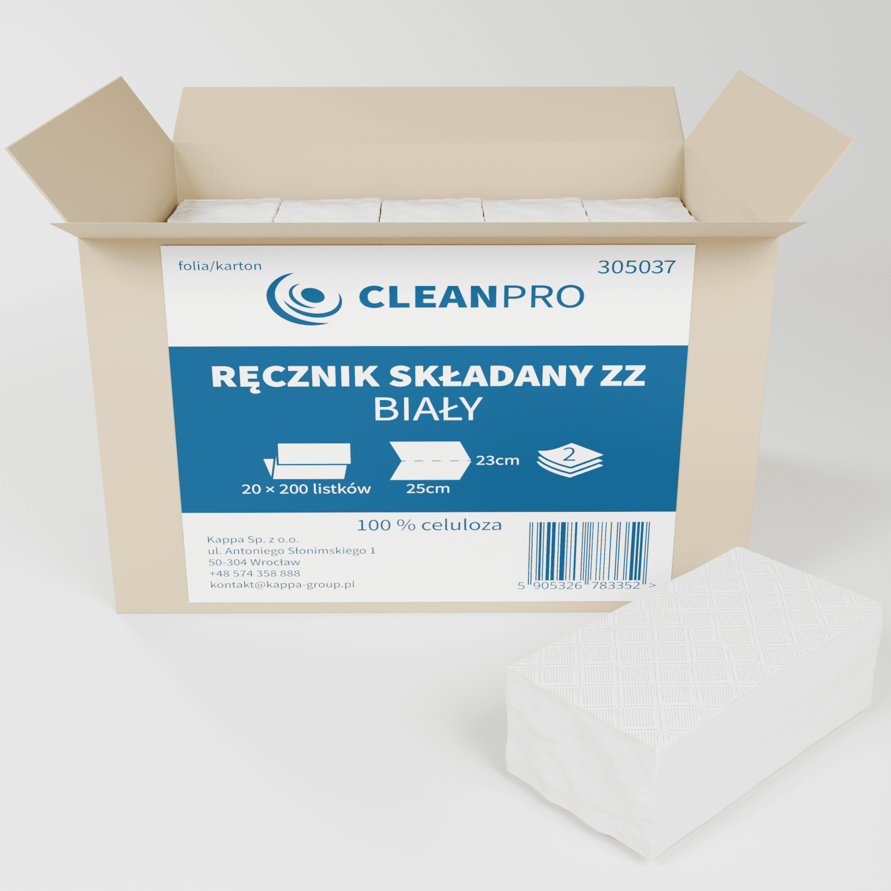 Ręcznik składany CleanPRO, 25x23cm, 2w, celuloza, biały, 20x200 listków