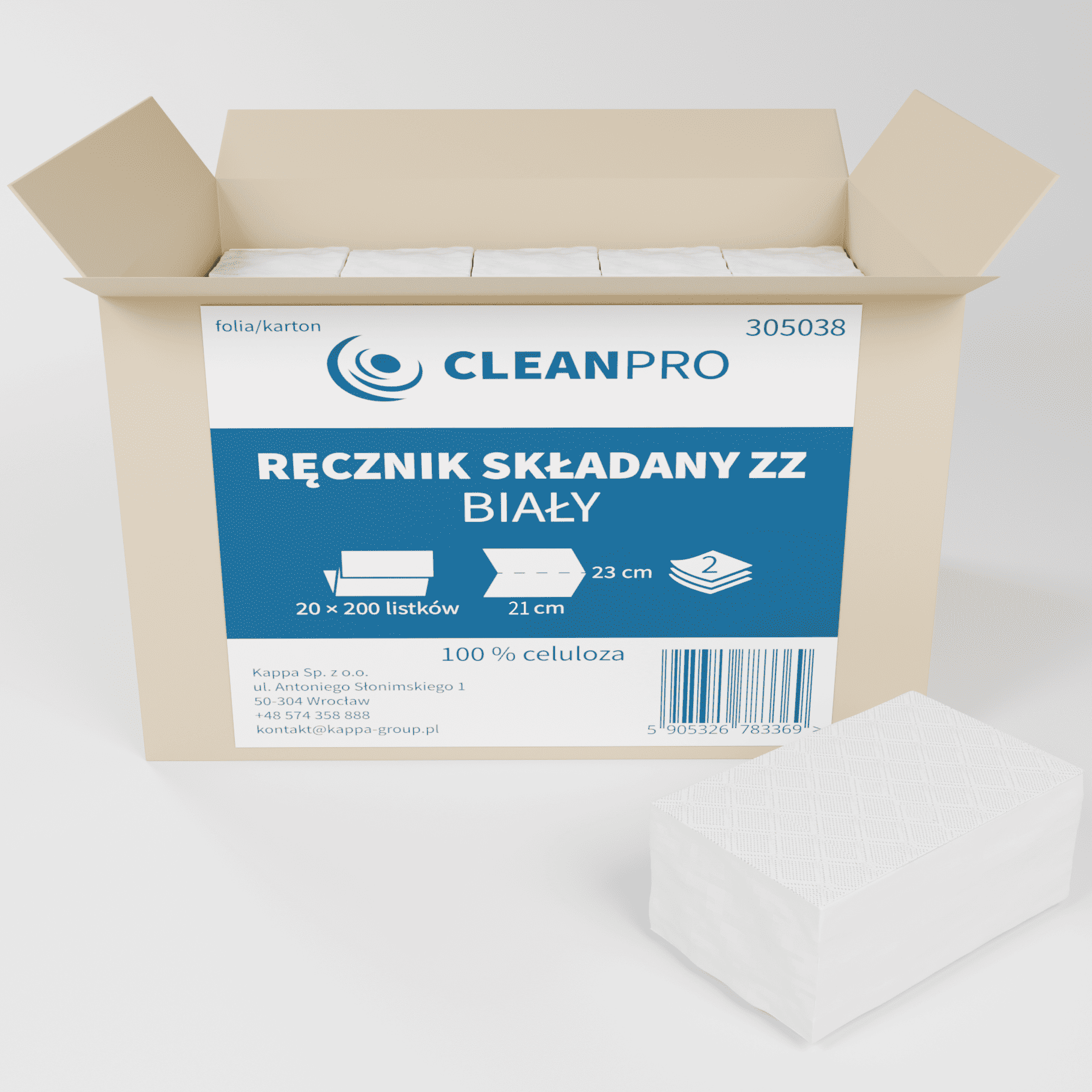 Ręcznik składany CleanPRO, 21x23cm, 2w, celuloza, biały, 20x200 listków