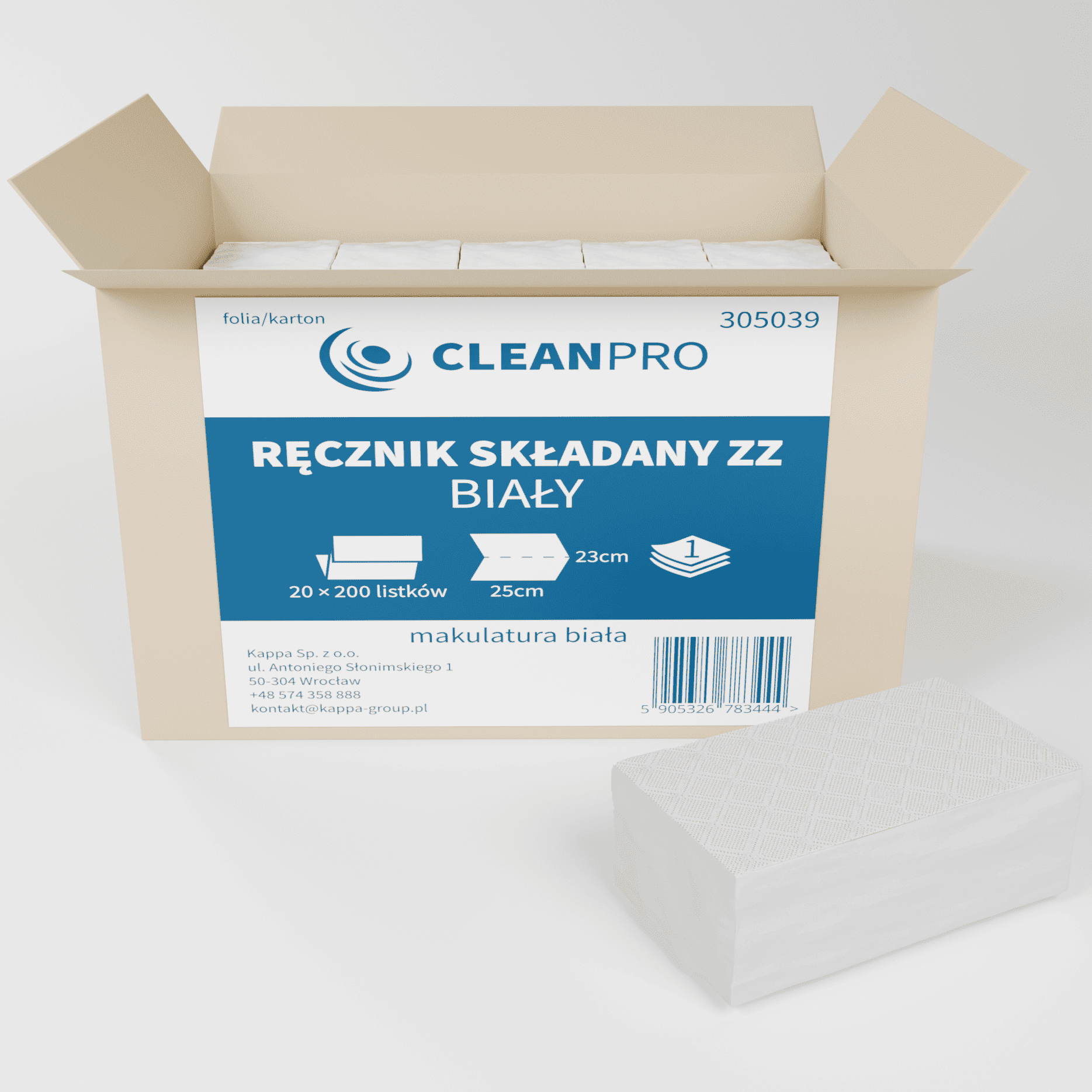 Ręcznik składany CleanPRO, 25x23cm, 1w, makulatura, biały, 20x200 listków