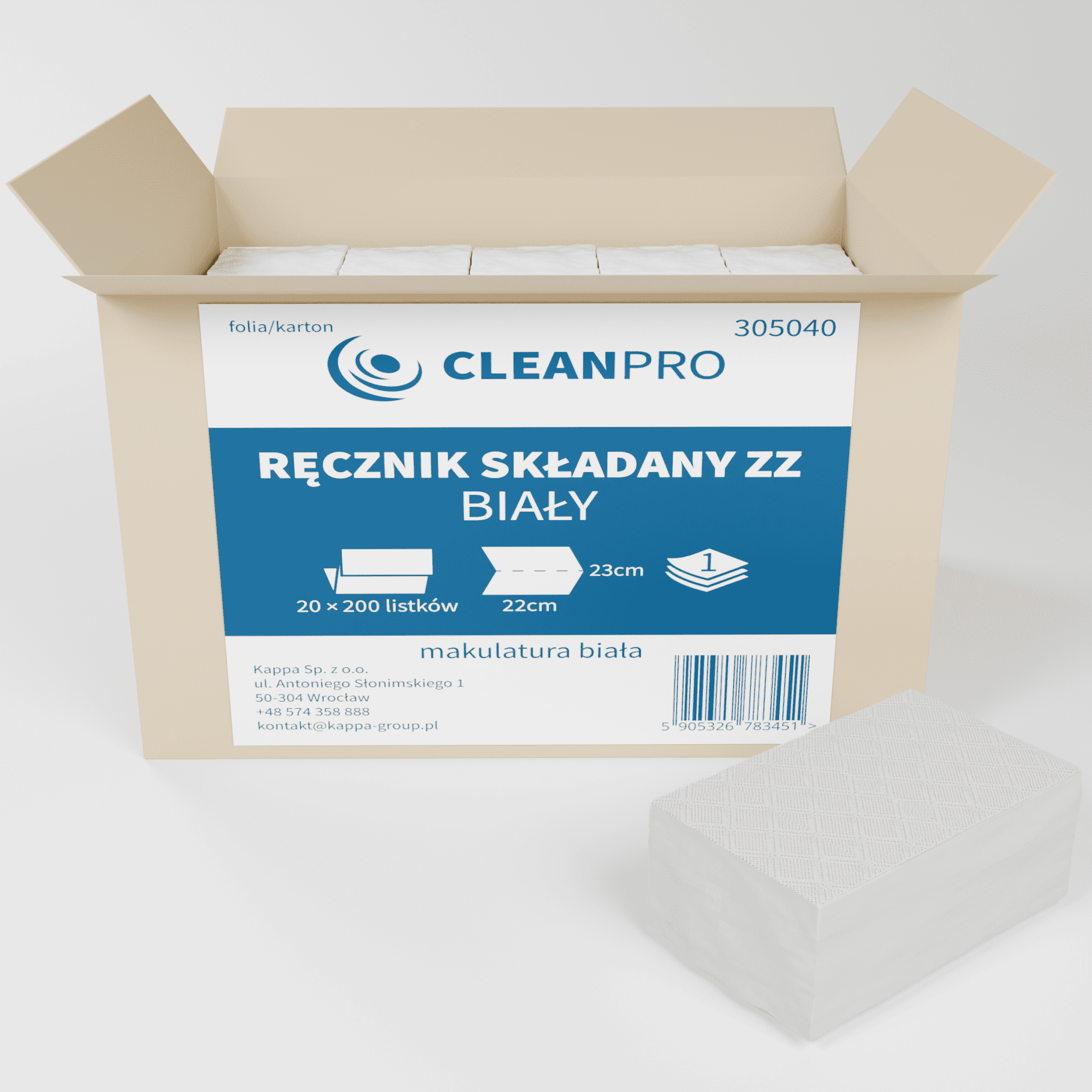 Ręcznik składany CleanPRO, 22x23cm, 1w, makulatura, biały, 20x200 listków