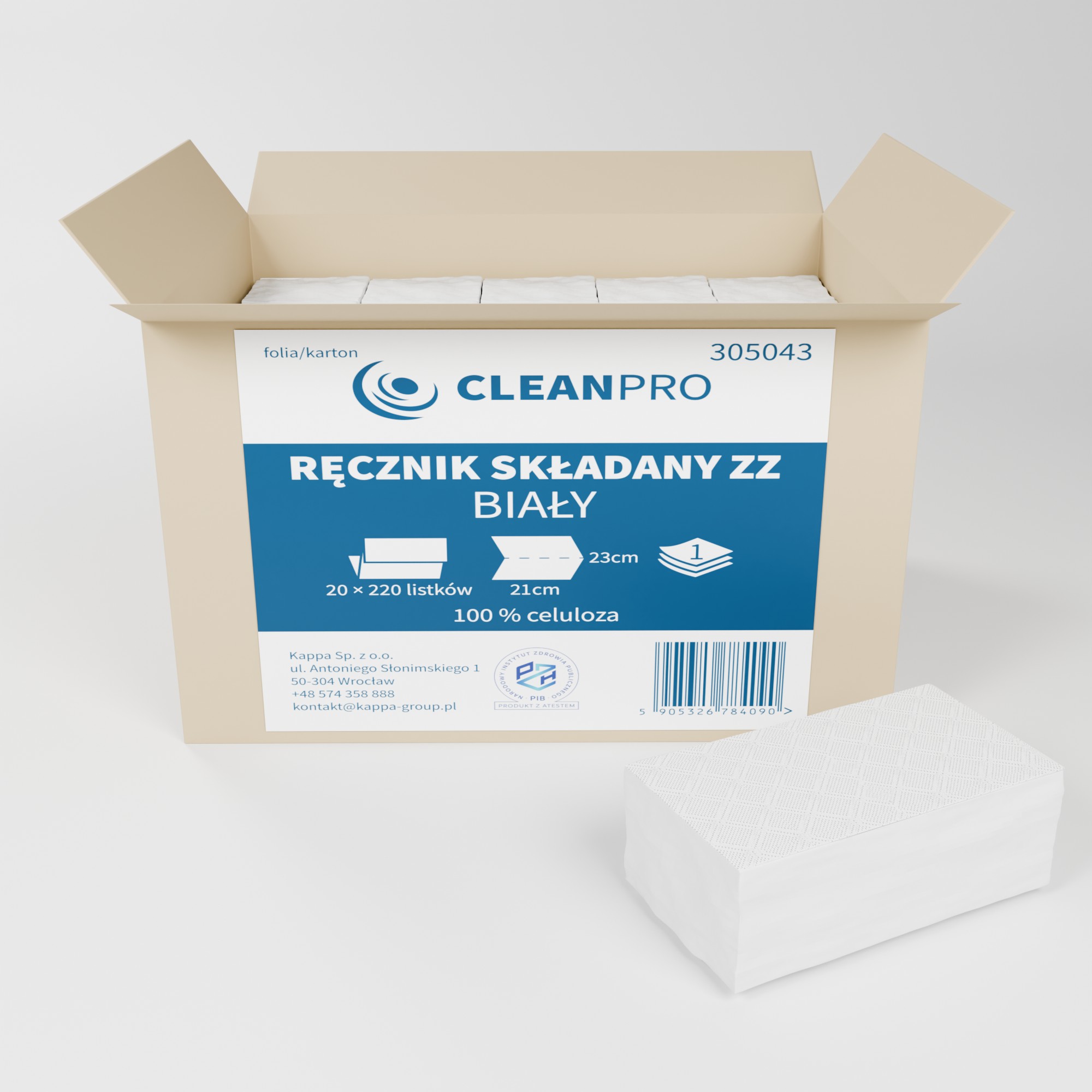 Ręcznik składany CleanPRO, 21x23cm, 1w, celuloza, biały, 20x220 listków