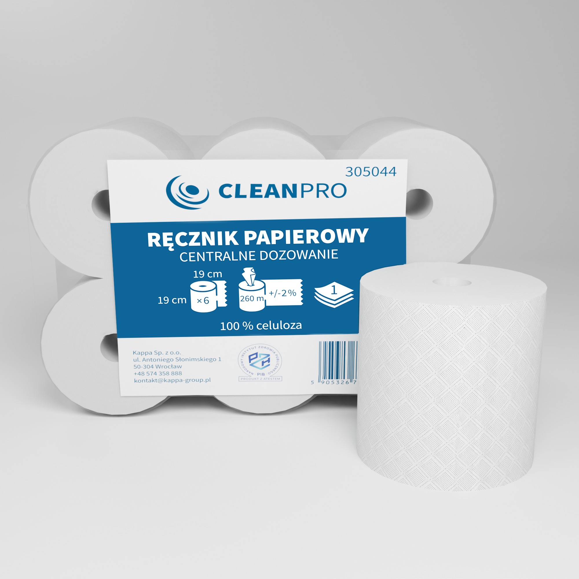 Ręcznik centralnego dozowania CleanPRO, 1w, celuloza, biały, 6x260m