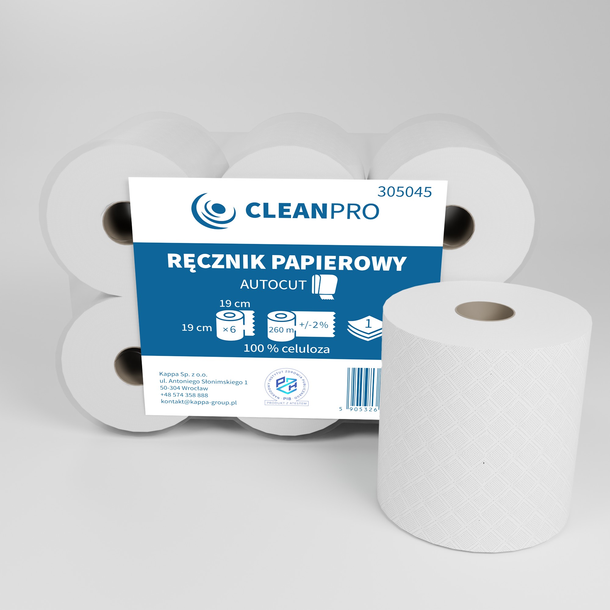 Ręcznik w roli CleanPRO Autocut, 1w, celuloza, biały, 6x260m
