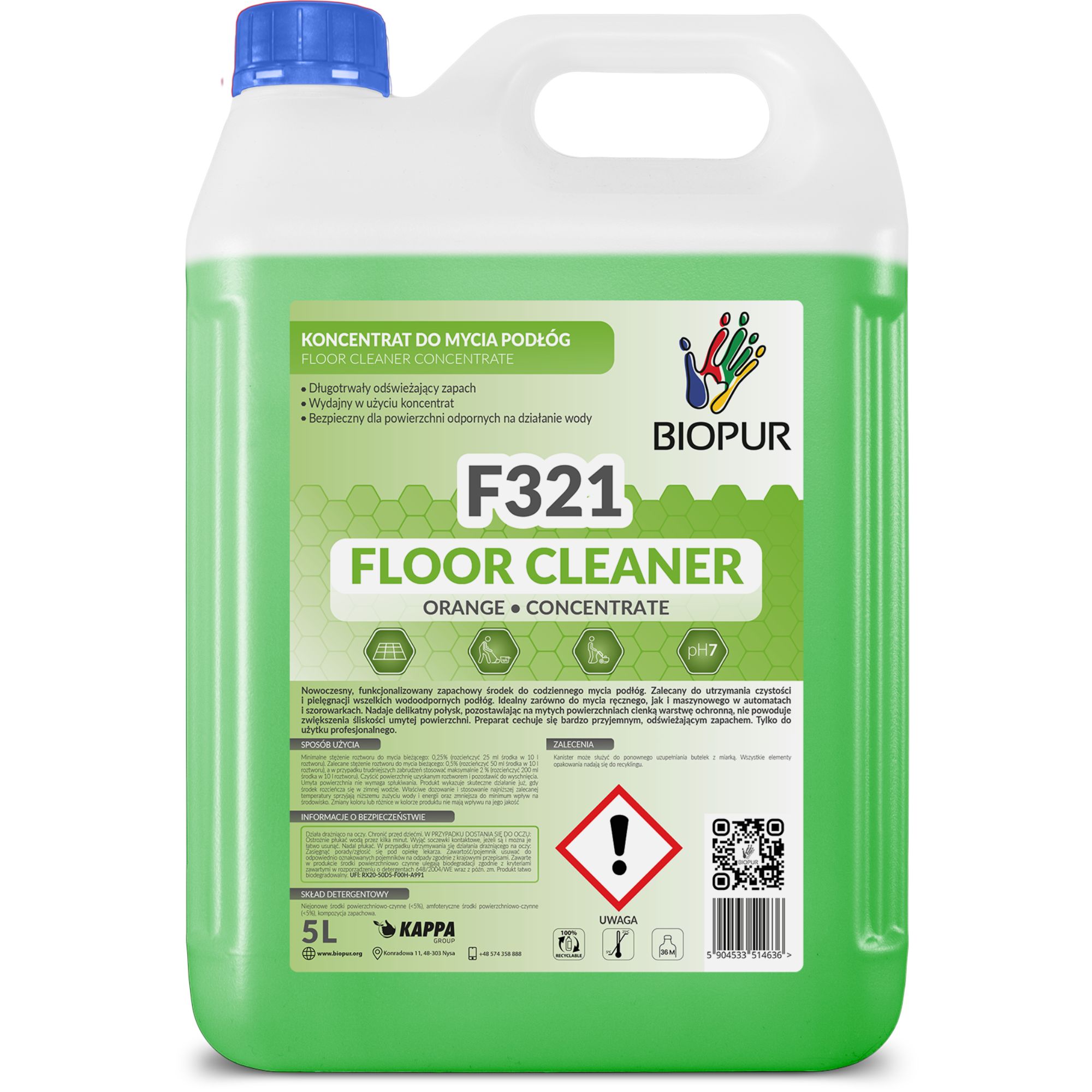 Uniwersalny, neutralny koncentrat do mycia podłóg Biopur F321, Orange, 5l