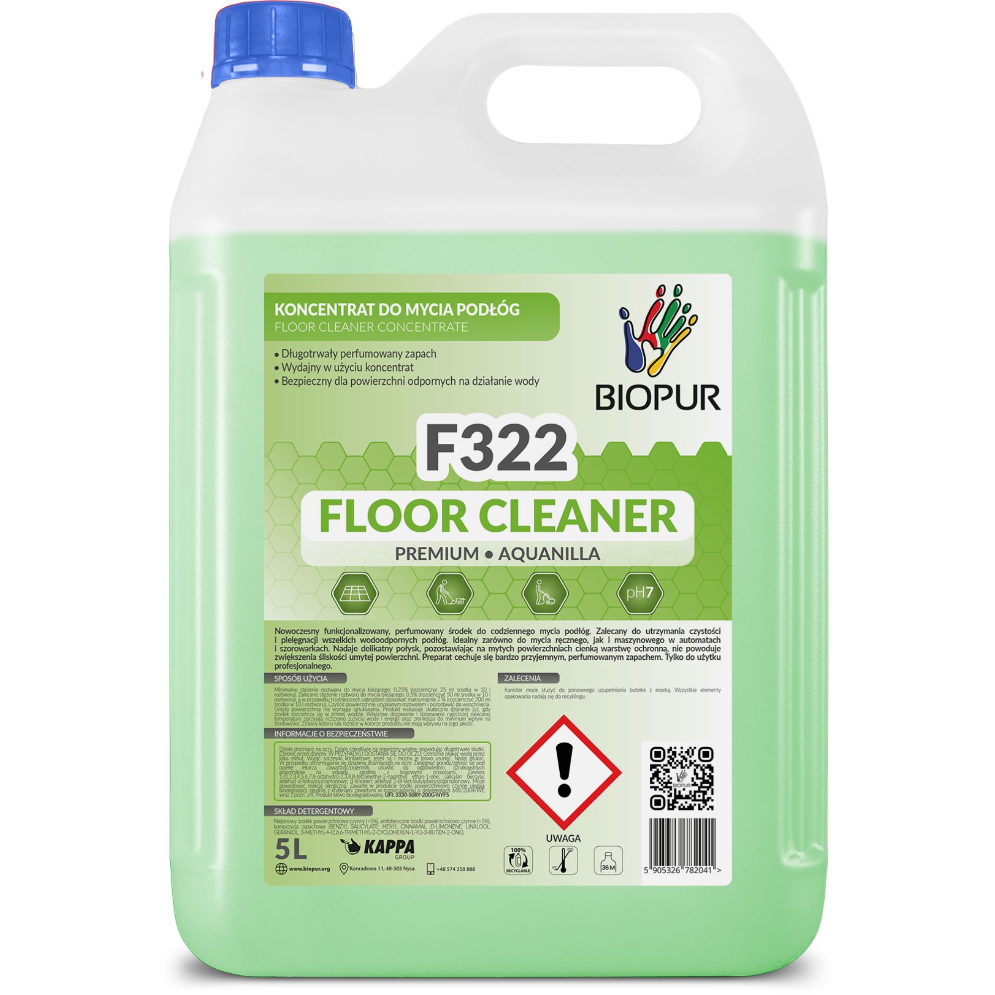 Uniwersalny, neutralny koncentrat do mycia podłóg Biopur Premium F322, Aquanilla, 5l