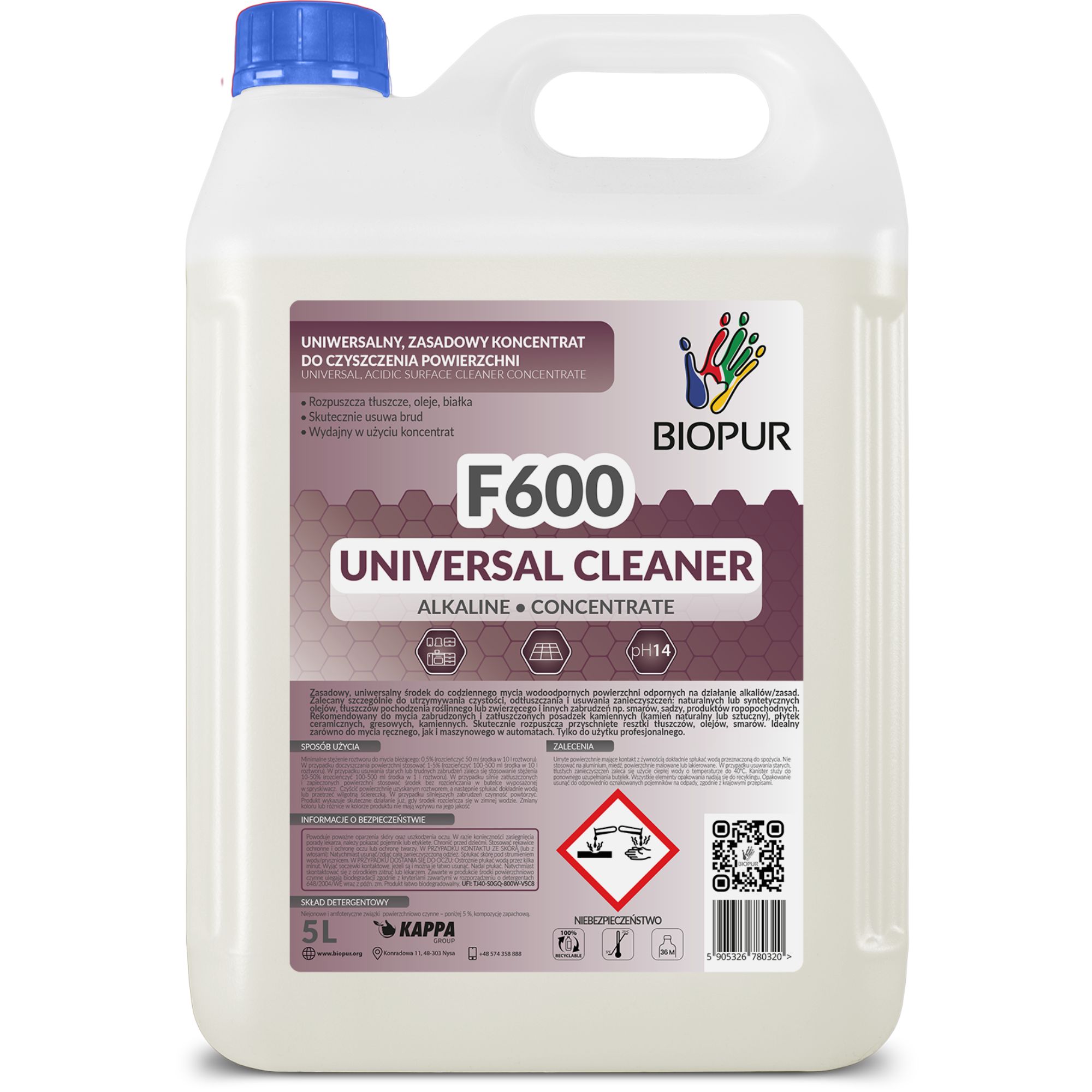 Uniwersalny, zasadowy koncentrat do czyszczenia powierzchni Biopur F600, 5l