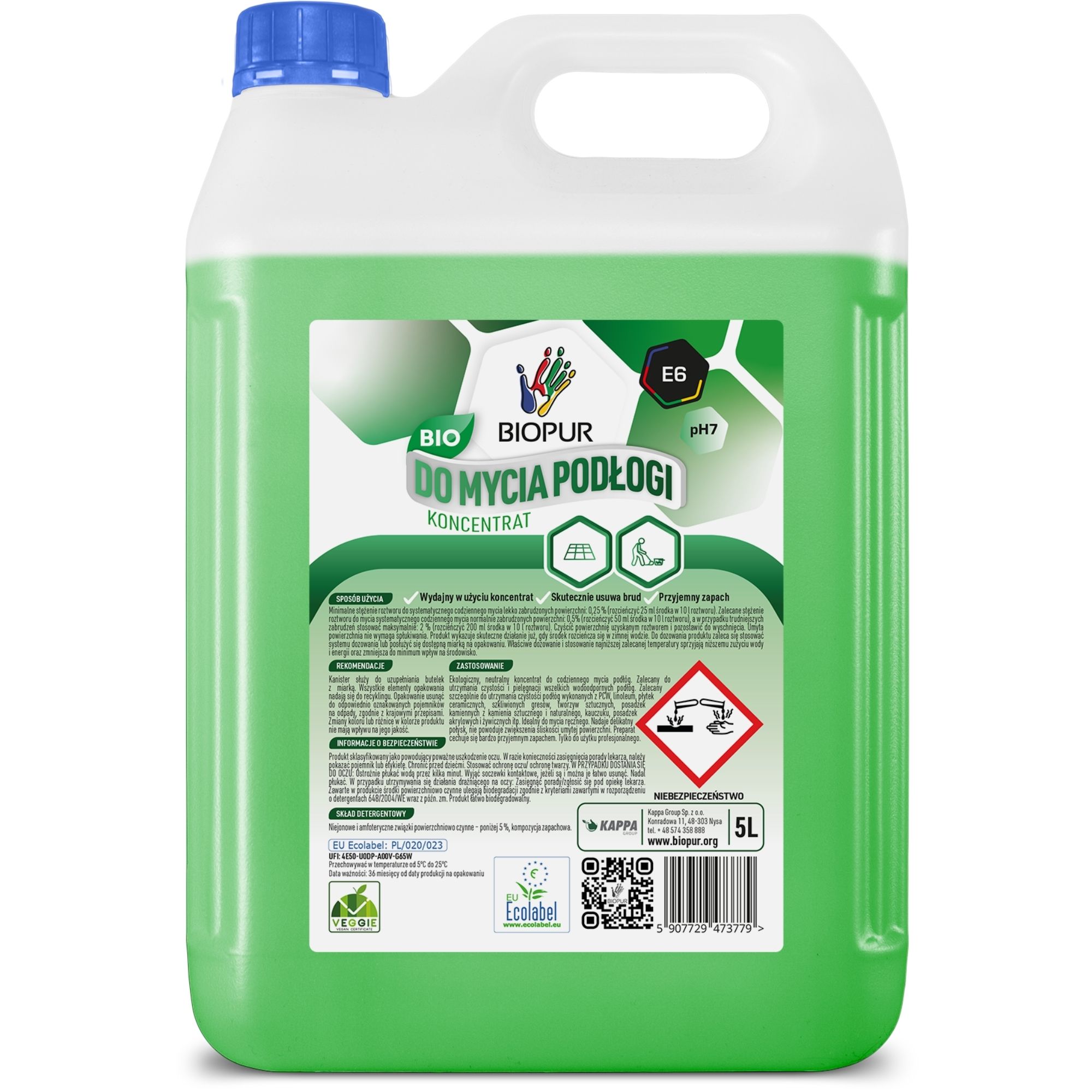 Ekologiczny uniwersalny koncentrat do mycia podłóg manualnie Biopur E6, 5l