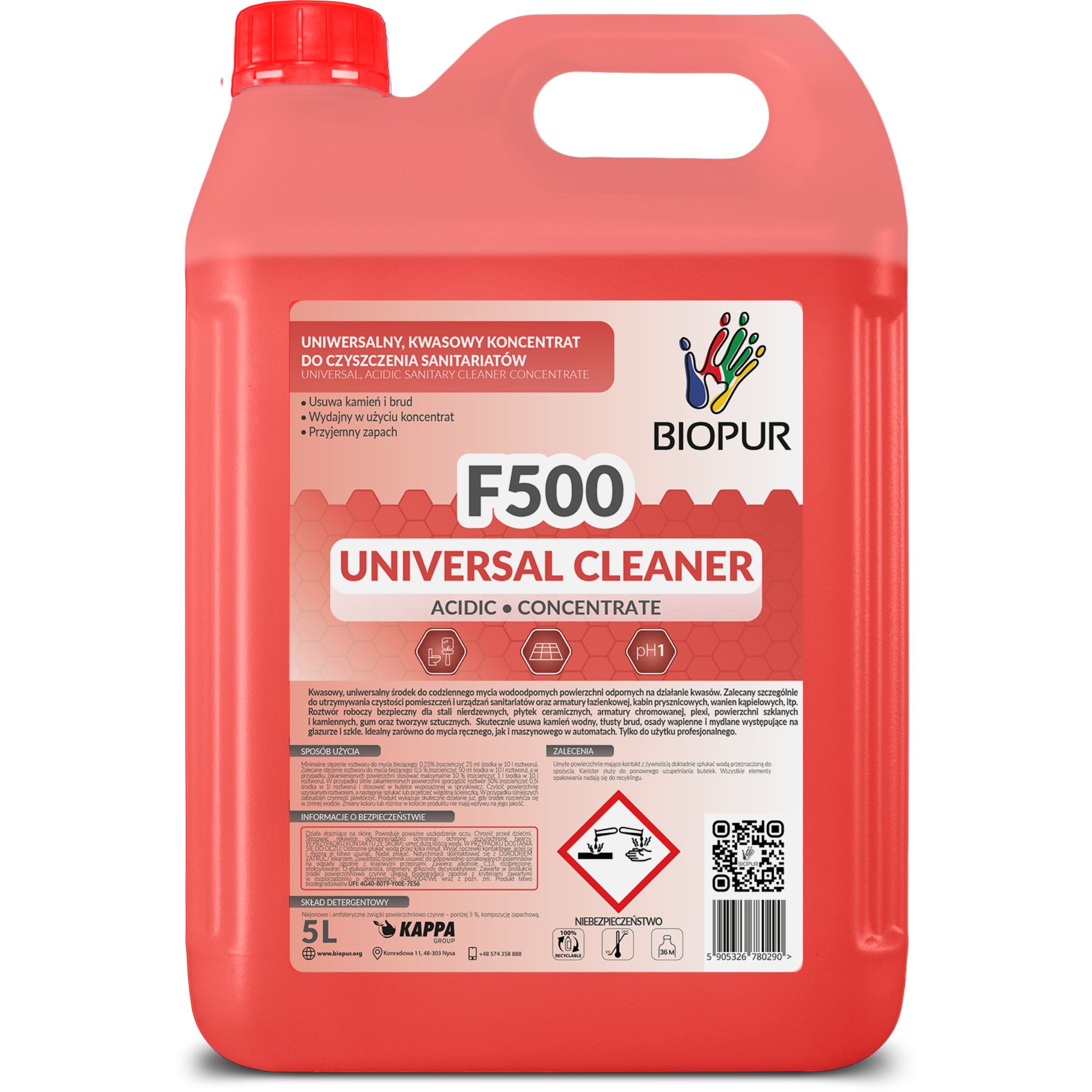 Uniwersalny, kwasowy koncentrat do czyszczenia sanitariatów Biopur F500, 5l