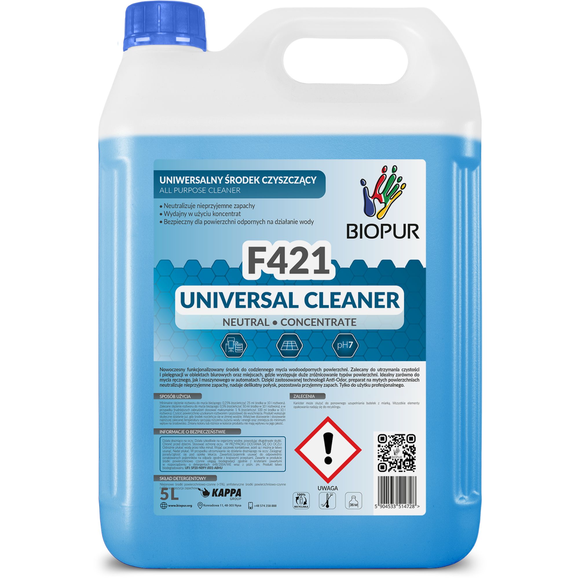 Uniwersalny, neutralny koncentrat do czyszczenia powierzchni Biopur F421, 5l