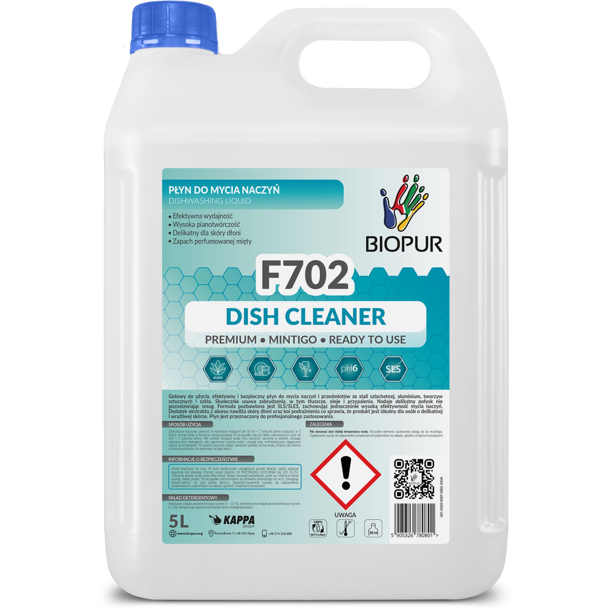 Płyn do mycia naczyń Biopur Premium F702, mintigo, 5l