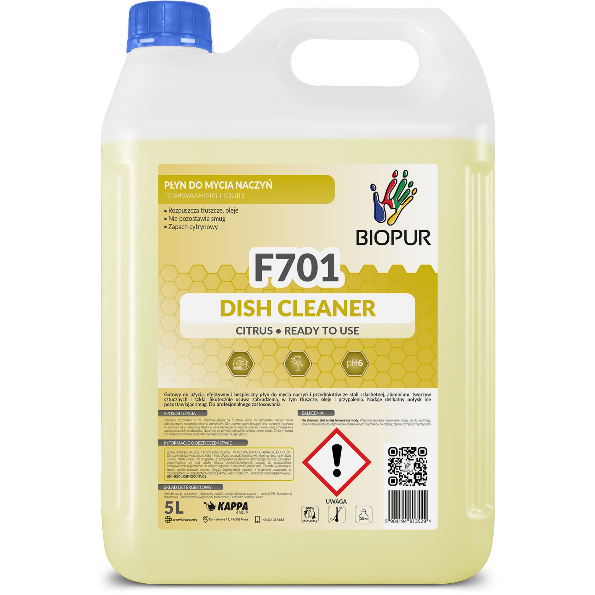 Płyn do mycia naczyń Biopur F701, cytryna, 5l