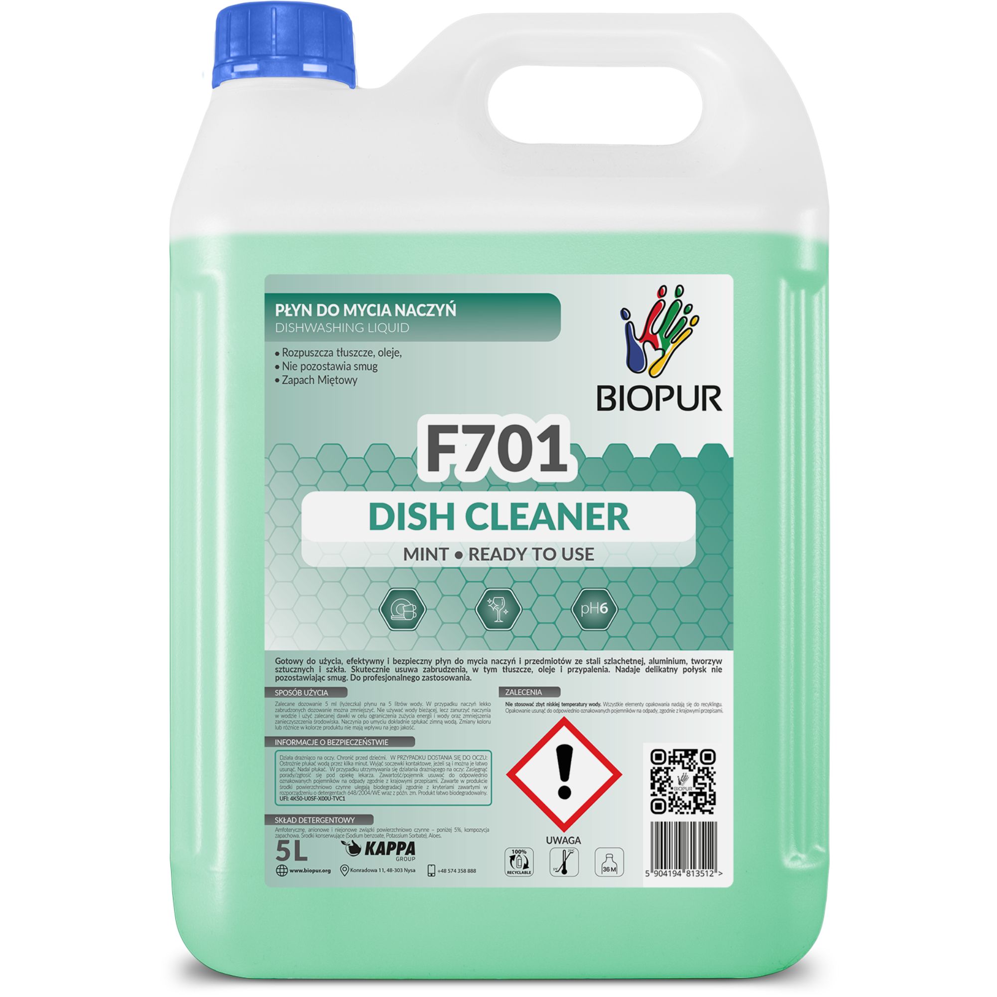 Płyn do mycia naczyń Biopur F701, mięta, 5l