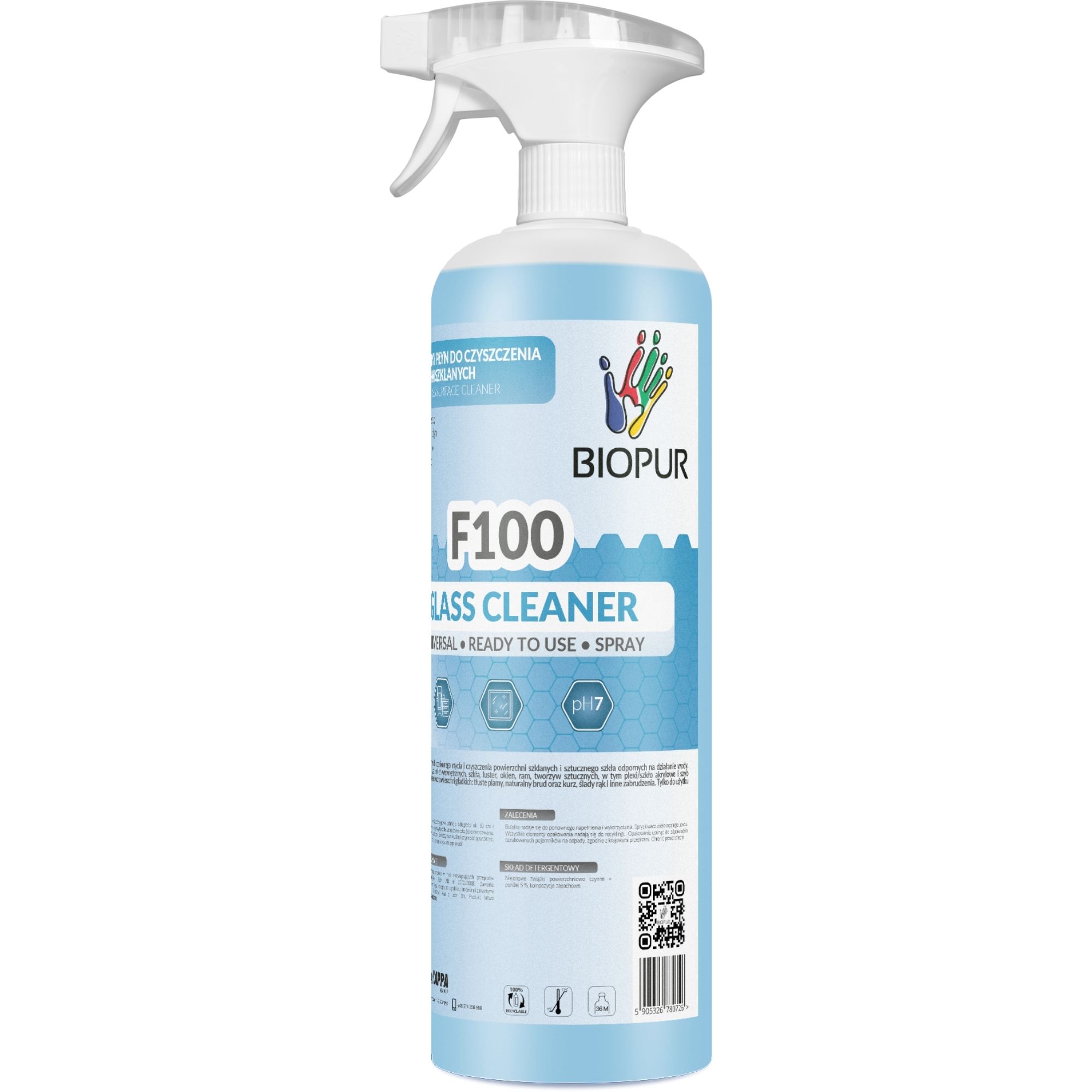 Uniwersalny płyn do czyszczenia powierzchni szklanych Biopur F100, spryskiwacz, 1l
